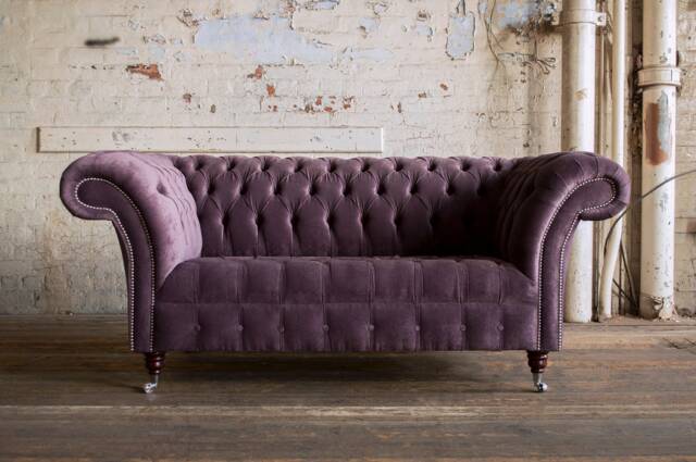 British Handmade Aubergine Velvet 2 Seater Chesterfield Sofa - image 1