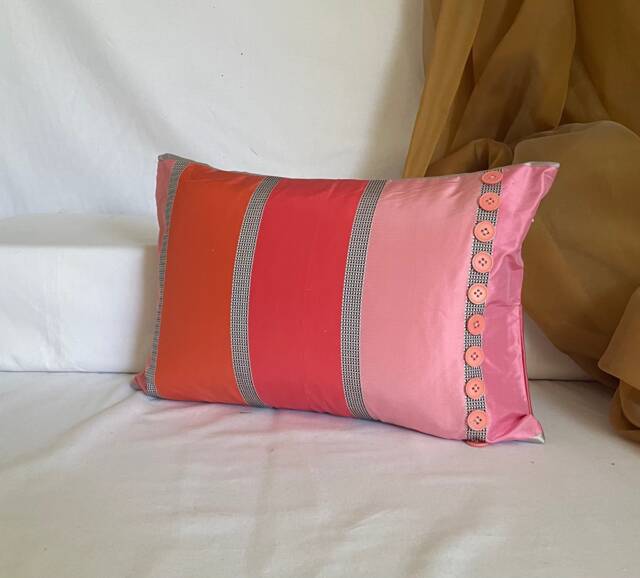Designers Guild Pink Striped Silk Pillow Cover Romantic Button Trim - image 1