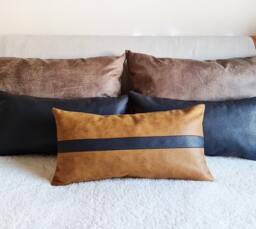 Color Block Lumbar Pillow Cover Camel & Black Faux Leather
