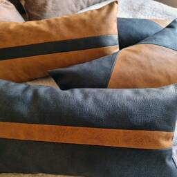 Color Block Lumbar Pillow Cover Camel & Black Faux Leather - thumbnail 4