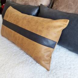 Color Block Lumbar Pillow Cover Camel & Black Faux Leather - thumbnail 3