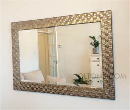 Wall Mirror Wood Square Mosaic Design Frame in Champagne Or Antique Silver Bevelled Edge 117x92cm - 46x36 Inches