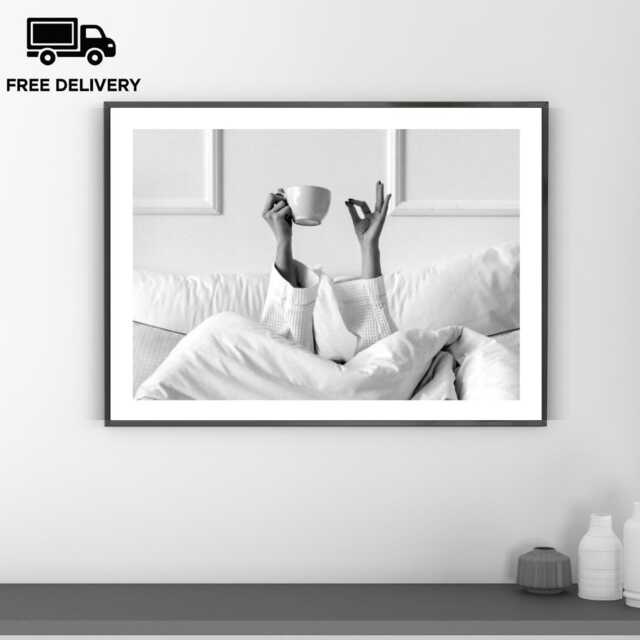 Vintage Woman Drinking Coffee in Bed Print, Luxury Fashion, Fine Art Photography Wall Art, Museum Quality, Classic Black & White Poster - image 1
