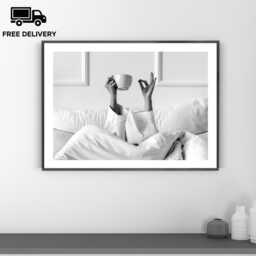 Vintage Woman Drinking Coffee in Bed Print, Luxury Fashion, Fine Art Photography Wall Art, Museum Quality, Classic Black & White Poster - thumbnail 1