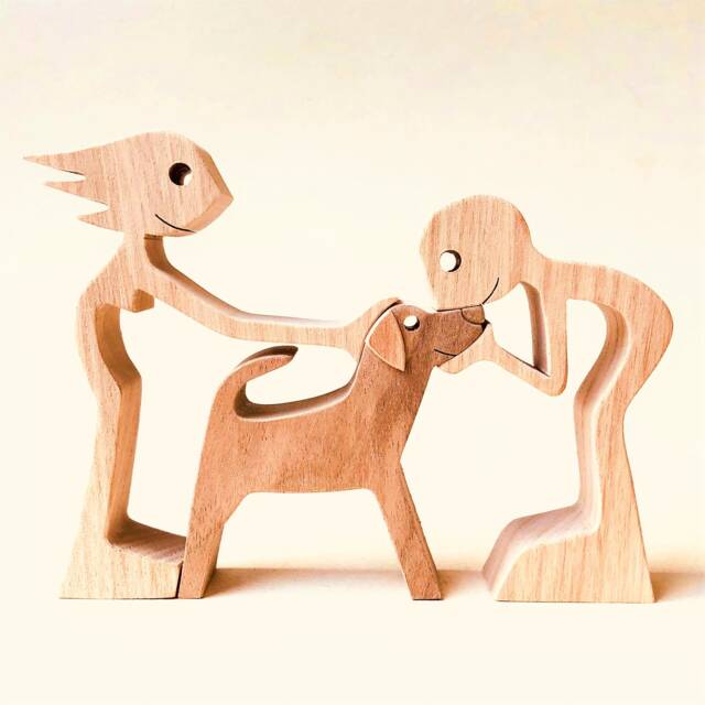 A Couple & A Dog, Version 2 Original Wood Sculpture 2.5D - image 1