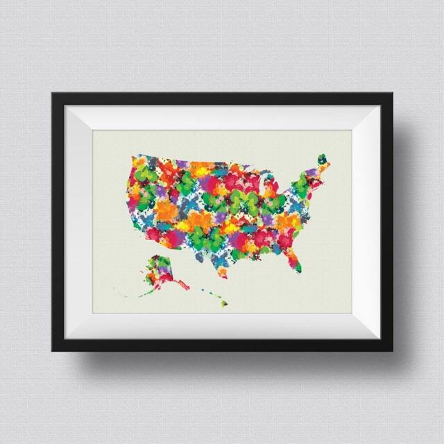 Usa Watercolor Map Art Print Ink Splash Poster Canvas