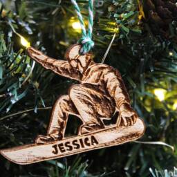 Personalised Snowboarder Christmas Ornament Snowboarding Gift Name Wood Custom Bauble Laser Engraved Rustic Wooden Tree Decoration - thumbnail 3