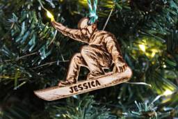 Personalised Snowboarder Christmas Ornament Snowboarding Gift Name Wood Custom Bauble Laser Engraved Rustic Wooden Tree Decoration - thumbnail 1