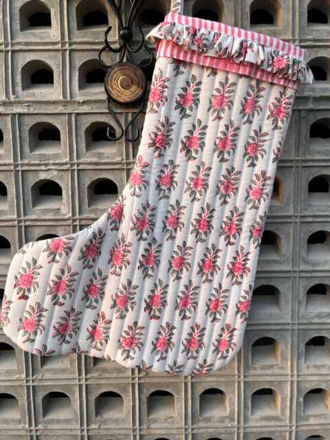 Handmade Quilted Christmas Stocking Pink Floral Block Print Cotton - image 1
