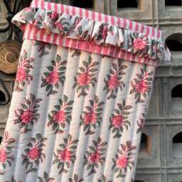 Handmade Quilted Christmas Stocking Pink Floral Block Print Cotton - thumbnail 2