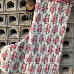Handmade Quilted Christmas Stocking Pink Floral Block Print Cotton - thumbnail 3