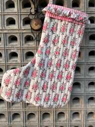 Handmade Quilted Christmas Stocking Pink Floral Block Print Cotton - thumbnail 1