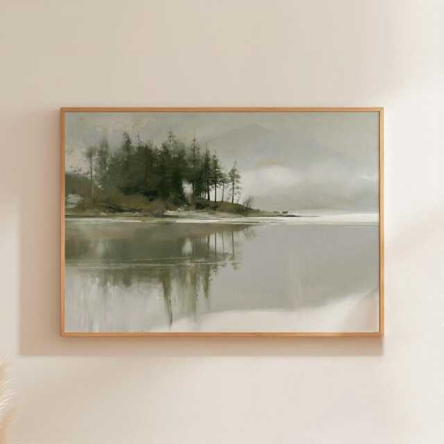 Misty Lake Landscape Poster, Pine Forest Paper Wall Art - image 1