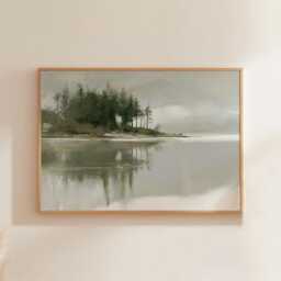 Misty Lake Landscape Poster, Pine Forest Paper Wall Art - thumbnail 1