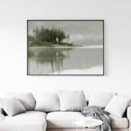 Misty Lake Landscape Poster, Pine Forest Paper Wall Art - thumbnail 2