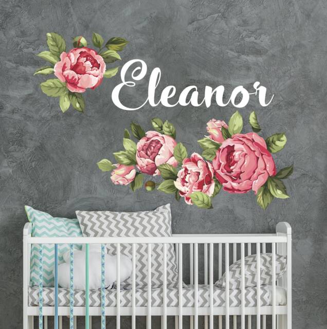 Rose Flowers Wall Decal For Baby Girl Bedroom, Personalized Name With Sticker Toddler Room, Kids Nursery Floral Decor Cribe Bed S333 - image 1