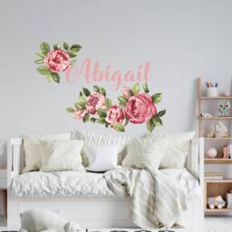 Rose Flowers Wall Decal For Baby Girl Bedroom, Personalized Name With Sticker Toddler Room, Kids Nursery Floral Decor Cribe Bed S333 - thumbnail 2
