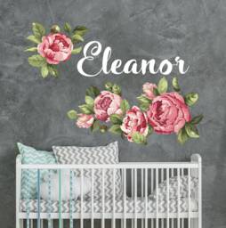 Rose Flowers Wall Decal For Baby Girl Bedroom, Personalized Name With Sticker Toddler Room, Kids Nursery Floral Decor Cribe Bed S333 - thumbnail 1