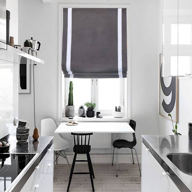 Dark Gray 100% Natural Linen Custom Flat Roman Shade With White Decorative Trims, Cl1010 - image 1