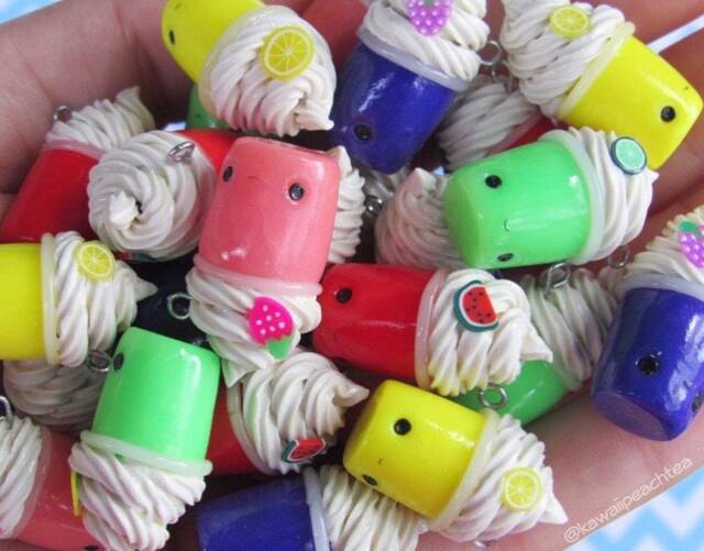 Polymer Clay Fruity Shake Frappuccinos Kawaii Strawberry, Watermelon, Grape, Lemon, Lime Charm Keychain Jewelry - image 1