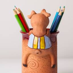 Handmade Ceramic Pen/Pencil Holder, Pig Design, Pencil Box With Fun Animals, Christmas Gift For Kids Organizing, Farm Animals - thumbnail 3