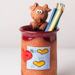 Handmade Ceramic Pen/Pencil Holder, Pig Design, Pencil Box With Fun Animals, Christmas Gift For Kids Organizing, Farm Animals - thumbnail 2