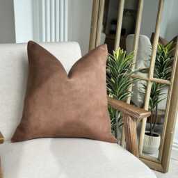 Rustic Brown Farmhouse Pillow Cover - Tan Leather Look Cushion Organic Modern, Neutral Home Decor - thumbnail 2