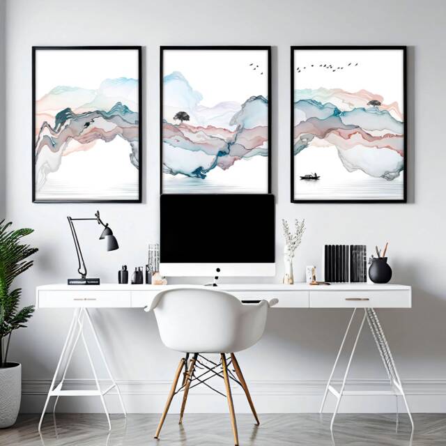 Calming Japanese Office Desk Decor For Men Set Of 3 Framed Panel Wall Art, Neutral Large Japandi Designer Landscape Gallery Art - image 1