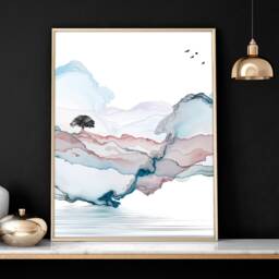 Calming Japanese Office Desk Decor For Men Set Of 3 Framed Panel Wall Art, Neutral Large Japandi Designer Landscape Gallery Art - thumbnail 3