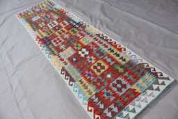 2'7x10 Ft Afghan Kilim Runner Rug, Geometric Natural Veg Dyes Wool Flatweave Boho Rug, Handwoven Tribal Kitchen, Hallway - thumbnail 1