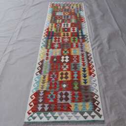 2'7x10 Ft Afghan Kilim Runner Rug, Geometric Natural Veg Dyes Wool Flatweave Boho Rug, Handwoven Tribal Kitchen, Hallway - thumbnail 2