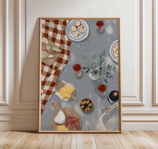 Picnic Wall Art, Rustic Kitchen Poster, Wine & Cheese Print, Dining Room Still Life Artwork, Mediterranean Food Decor, Farmhouse Art - image 1