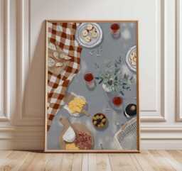 Picnic Wall Art, Rustic Kitchen Poster, Wine & Cheese Print, Dining Room Still Life Artwork, Mediterranean Food Decor, Farmhouse Art - thumbnail 1