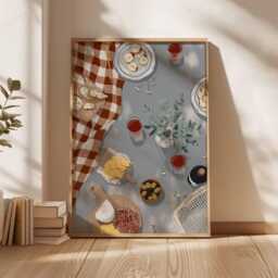 Picnic Wall Art, Rustic Kitchen Poster, Wine & Cheese Print, Dining Room Still Life Artwork, Mediterranean Food Decor, Farmhouse Art - thumbnail 2