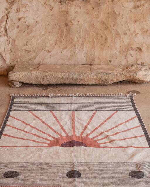 Rising Sun Hand Block Printed Cotton Rug, 4x6 Boho Flatweave Area Rug - image 1
