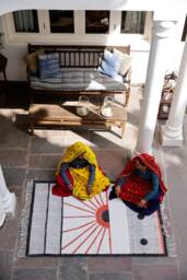 Hand-Block Printed Cotton Rug - 4x6 Ft Modern Rising Sun Design - thumbnail 1
