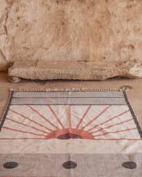 Rising Sun Hand Block Printed Cotton Rug, 4x6 Boho Flatweave Area Rug - thumbnail 1