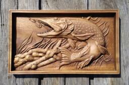 Handcrafted Iroko Wood Pike Carved Fish - Rustic Nautical Wall Art - thumbnail 1