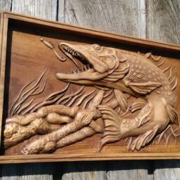 Handcrafted Iroko Wood Pike Carved Fish - Rustic Nautical Wall Art - thumbnail 3