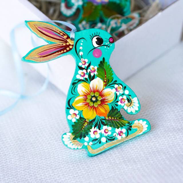 Painted Sunflower Bunny Ornament Ukrainian Christmas Ornament, Handmade Wooden Rabbit, Animal Tree Decoration Turquoise - image 1