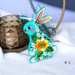 Painted Sunflower Bunny Ornament Ukrainian Christmas Ornament, Handmade Wooden Rabbit, Animal Tree Decoration Turquoise - thumbnail 3