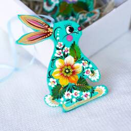 Painted Sunflower Bunny Ornament Ukrainian Christmas Ornament, Handmade Wooden Rabbit, Animal Tree Decoration Turquoise - thumbnail 1