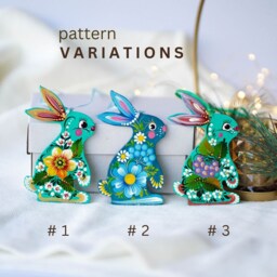 Painted Sunflower Bunny Ornament Ukrainian Christmas Ornament, Handmade Wooden Rabbit, Animal Tree Decoration Turquoise - thumbnail 2