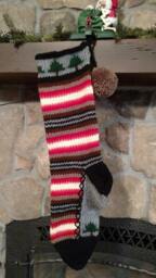 Hand Knit Christmas Stocking Santa's Works Red Orange Brown Gray Stripe Fir Tree - thumbnail 2