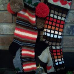 Hand Knit Christmas Stocking Santa's Works Red Orange Brown Gray Stripe Fir Tree - thumbnail 3
