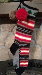 Hand Knit Christmas Stocking Santa's Works Red Orange Brown Gray Stripe Fir Tree