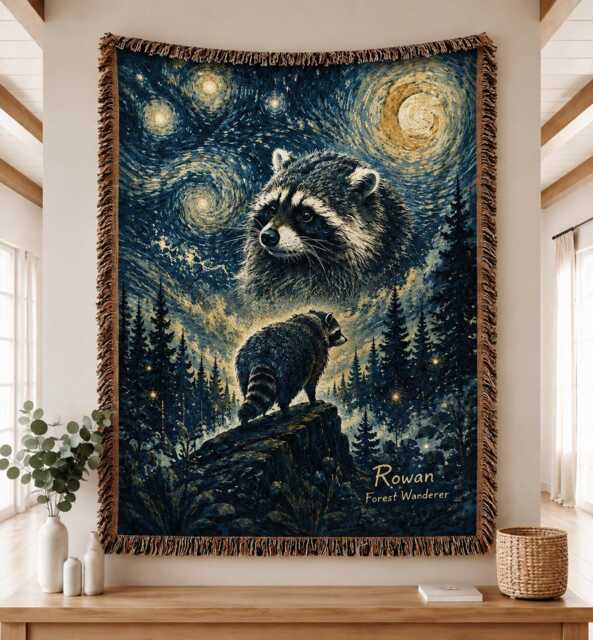 Jimothy Raccoon Starry Night Woven Blanket, Viral Seattle Funny Short Spine Wildlife Blanket - image 1