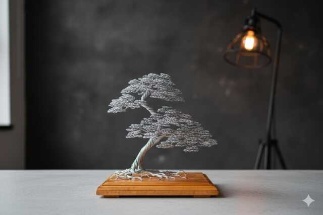 Engraved Wire Bonsai Tree Handmade Steel Sculpture, Zen Decor - image 1