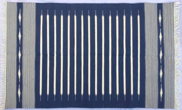 Multi Sizes Blue & White Stripes Handmade Cotton Rug Dhurrie - Beautiful Colour - image 1
