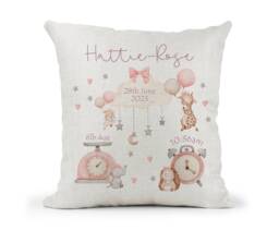 Personalised Cushion, Girls New Baby , Weight, Time, Date Keepsake Gift, Birth Details, Christening, 1st Birthday Keepsake - thumbnail 1